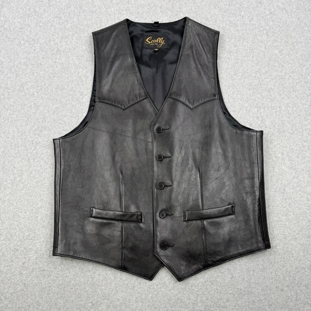 Scully Vest Mens 40 Black Genuine Leather Pockets Western Cowboy Lined Button Up